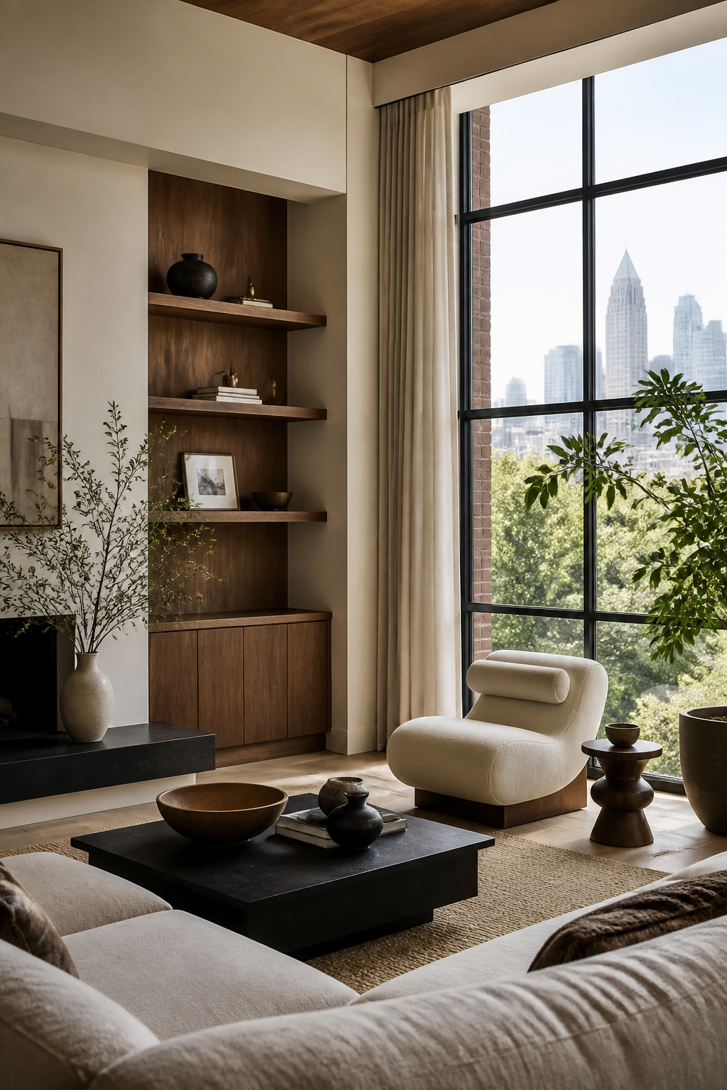 A bright modern apartment interior with leafy city views